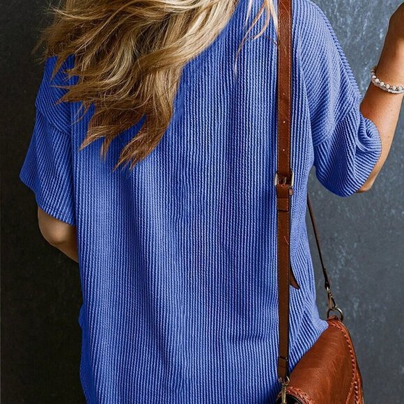 Royal Blue Casual Women's Twisted Threaded Short-Sleeved T-Shirt - Picture 2 of 8